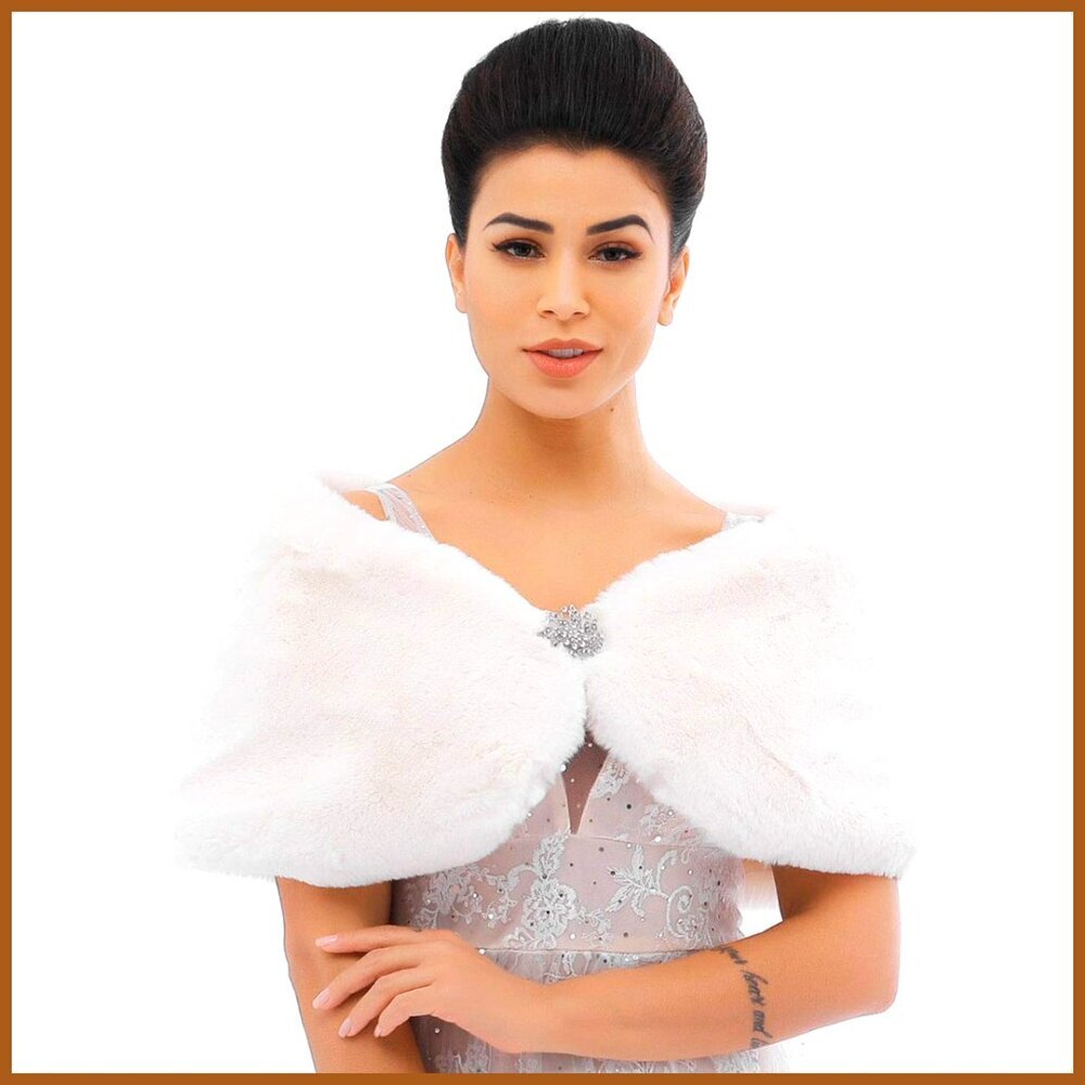 Faux Fur Shawl Wrap Wedding Bridal Cape with Hidden Hook & Brooch
